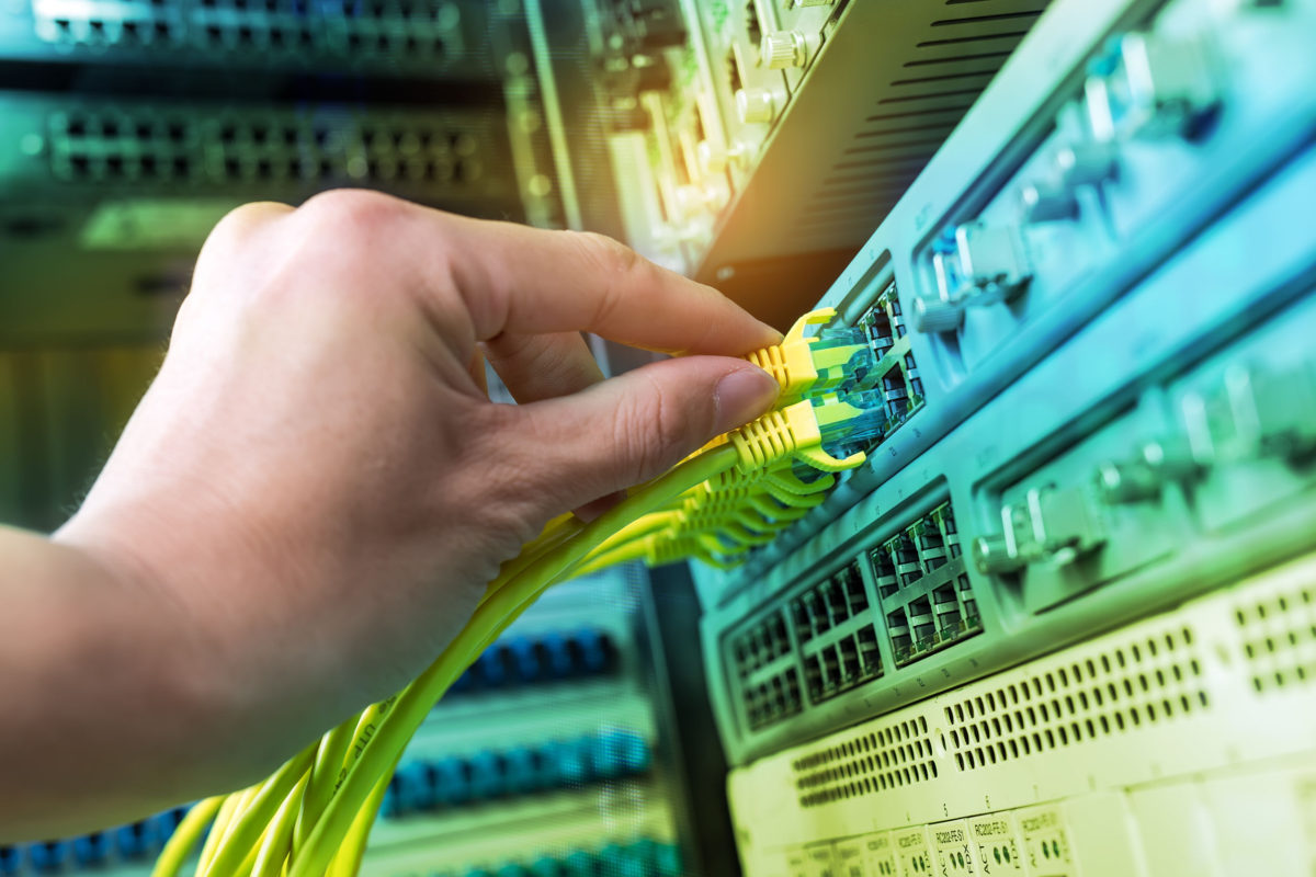 76406563 - hand of administrator holding network cables connected to servers