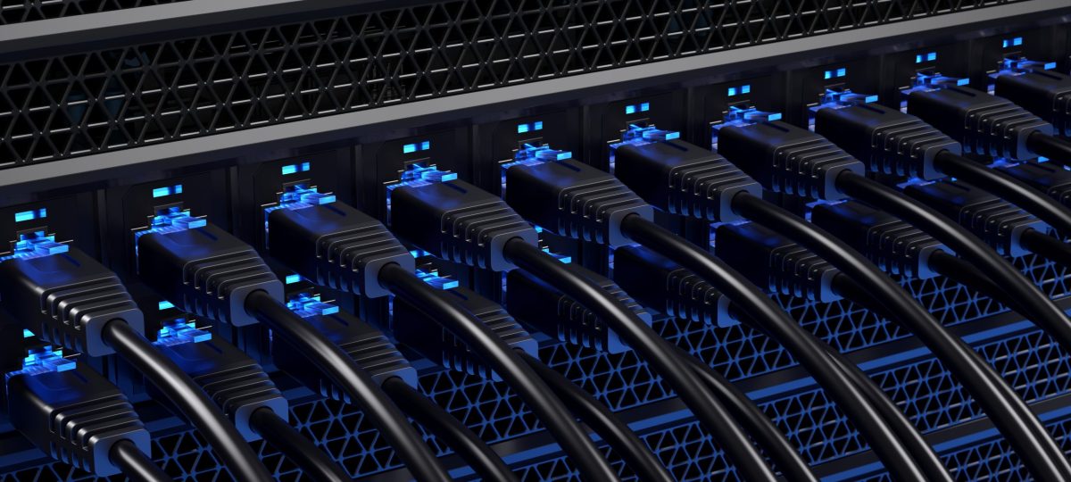 Closeup of the rear of a data center. Blue version.