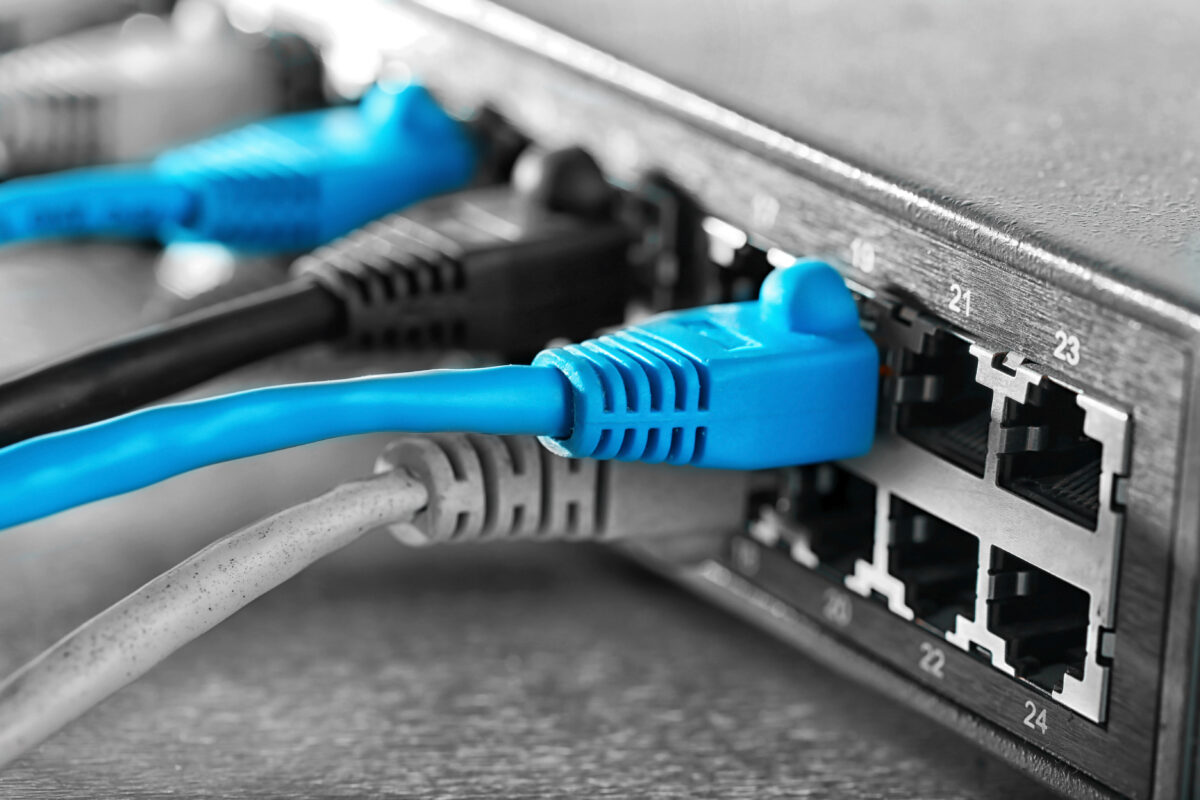 Ethernet cables connected to network switch, close up